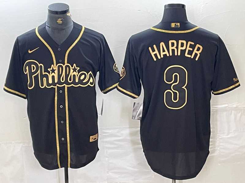 Men's Philadelphia Phillies #3 Bryce Harper Black Gold Cool Base Stitched Baseball Jerseys